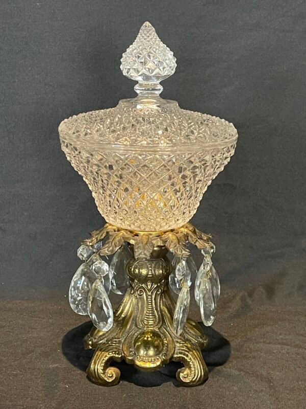 Vintage Crystal Brass Footed Candy Compote Dish With Lid