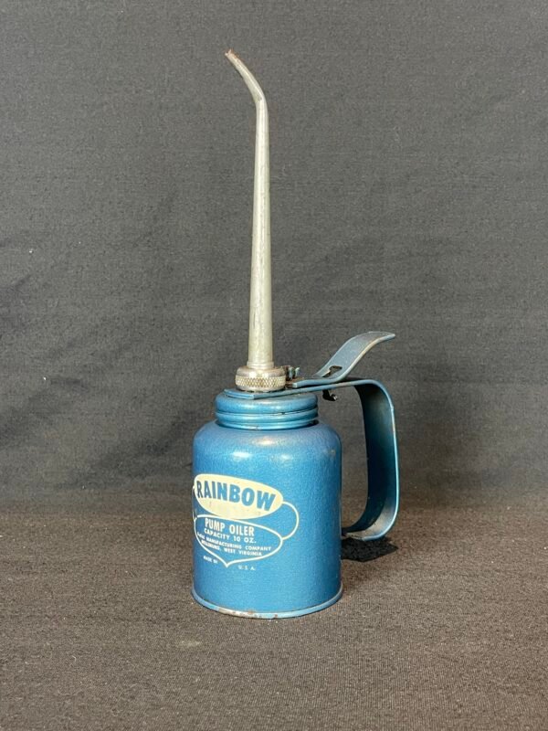 Vintage Rainbow Pump Oiler 10 Oz. Blue Oil Can Eagle Mfg Co. Wellsburg WV USA