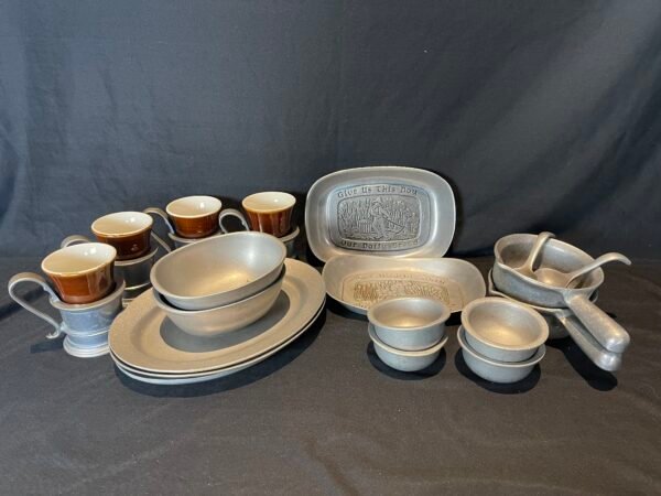 Vintage Carson PA Cantrell Pewter Dishes, Hall Brown Drip Ceramic Mugs