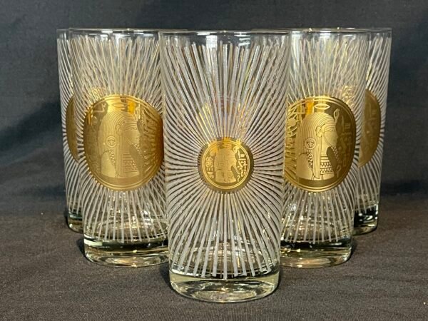 5 MCM Vintage Georges Briard Egyptian Highball Glasses Mid Century Barware